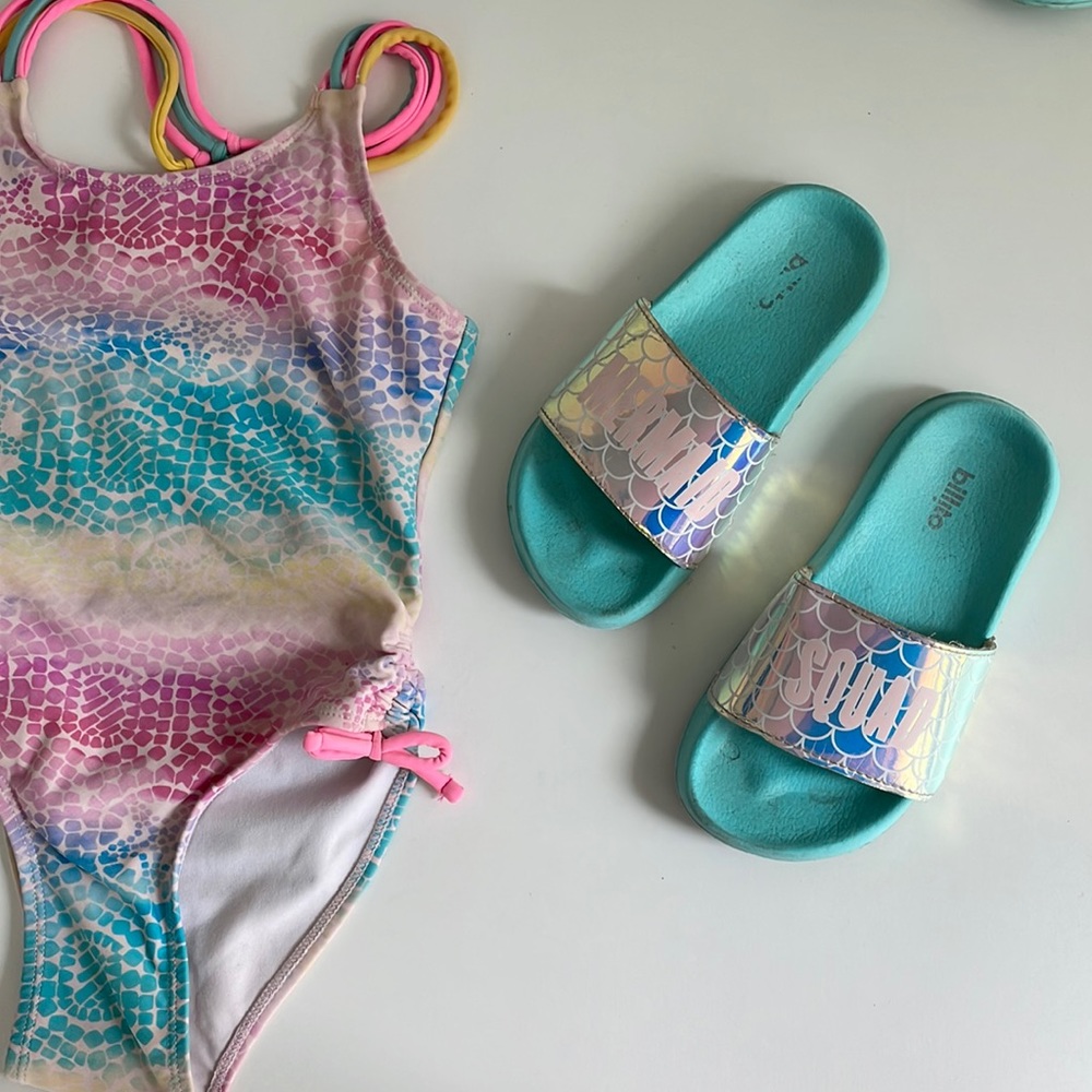 [ Mermaid Squad Slip On Sandals - Turquoise Iridescent Water Shoe ] size 12/13